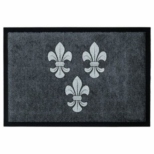 Waschbare Design-Fußmatte von Glücksmatte mit drei Lilien in Grau. Mit Rand.