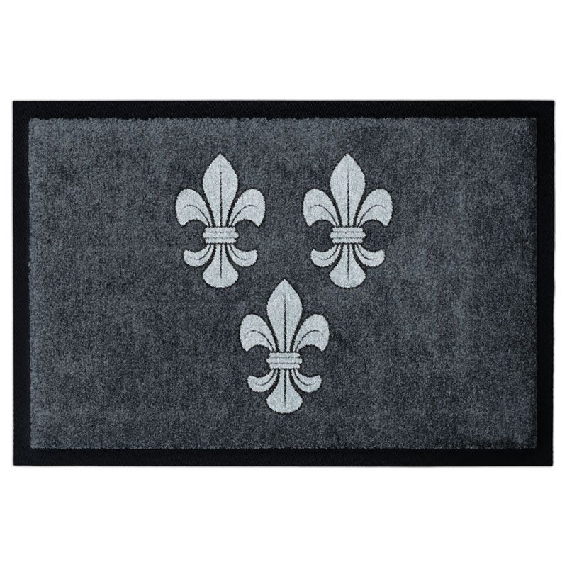 Waschbare Design-Fußmatte von Glücksmatte mit drei Lilien in Grau. Mit Rand.