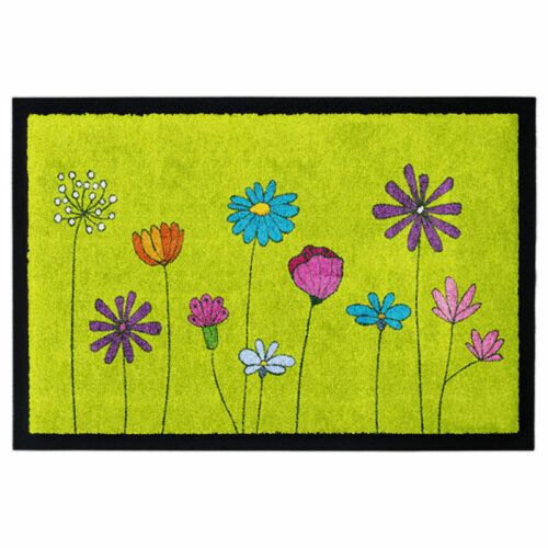 Produktbild einer waschbaren Fußmatte Powerflower in Hellgrün mit buntem Blumenmotiv. Mit Rand.