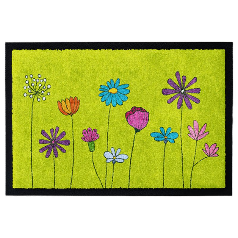 Produktbild einer waschbaren Fußmatte Powerflower in Hellgrün mit buntem Blumenmotiv. Mit Rand.
