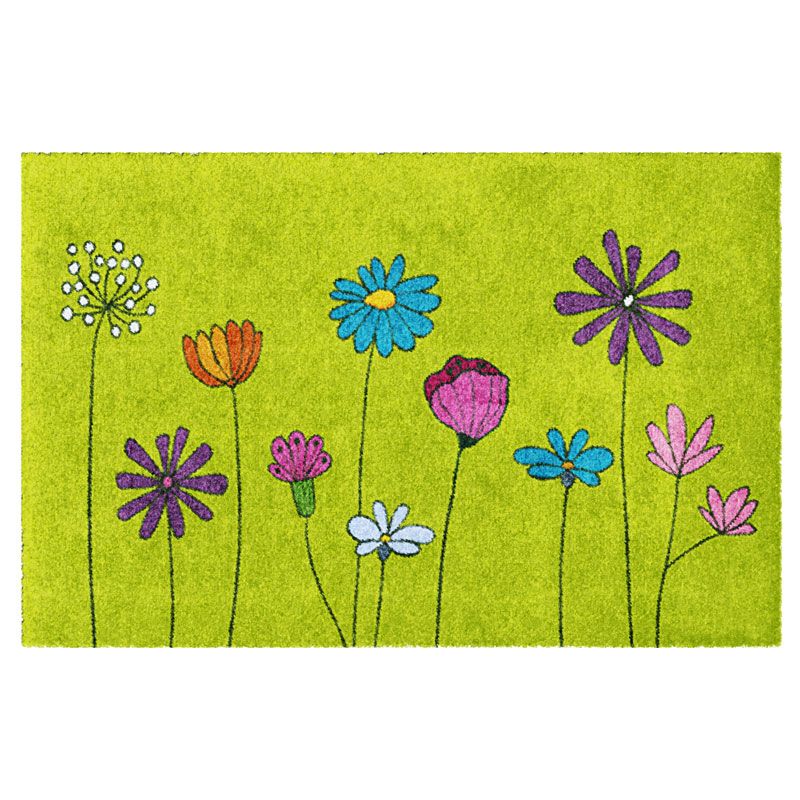Produktbild einer waschbaren Fußmatte vom Typ "Powerflower" mit buntem Blumenmotiv auf Hellgrün. Ohne Rand.