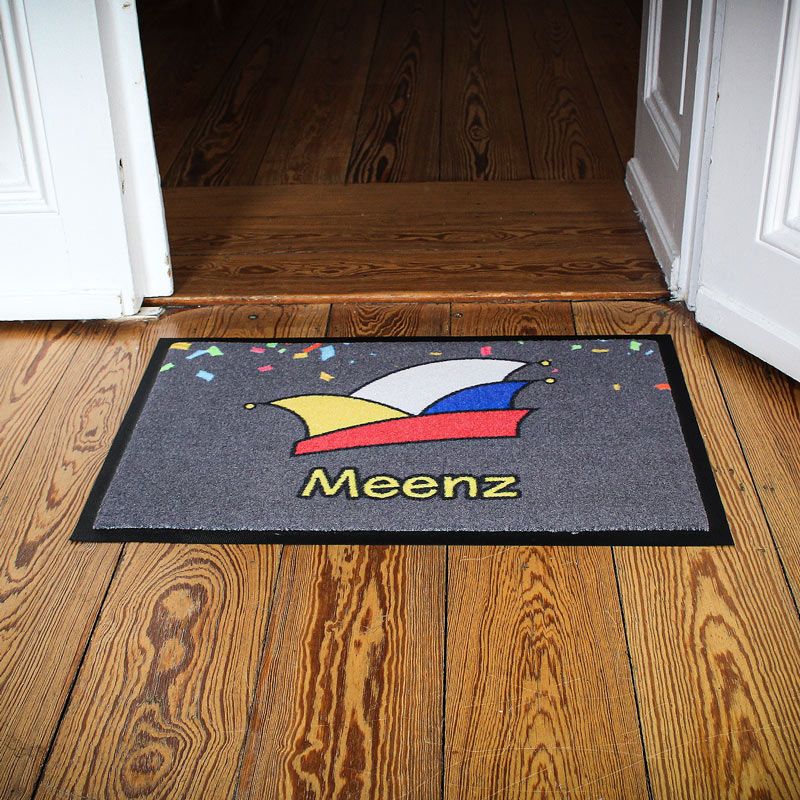 Waschbare Fastnachts-Fußmatte mit Mainzer Narrenkappe, gelbe Schrift (für die Meenzer Fassenacht). Beispielbild.