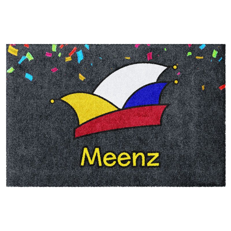 Waschbare Fastnachts-Fußmatte mit Mainzer Narrenkappe, gelbe Schrift (für die Meenzer Fassenacht). Ohne Rand.