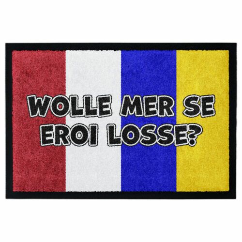 Waschbare Fastnachts-Fußmatte "WOLLE MER SE EROI LOSSE?" auf Streifen in Weiß, Rot, Gelb und Blau. Produktbild.