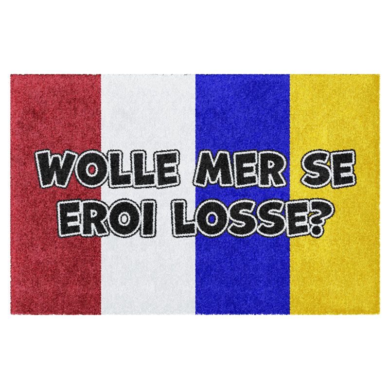 Waschbare Fastnachts-Fußmatte mit Meenzer "WOLLE MER SE EROI LOSSE?" auf bunten Streifen. Ohne Rand.