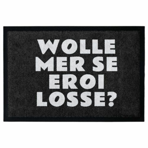 Waschbare Fastnachts-Fußmatte mit Meenzer "WOLLE MER SE EROI LOSSE?" in Weiß auf Dunkelgrau. Produktbild mit Rand.