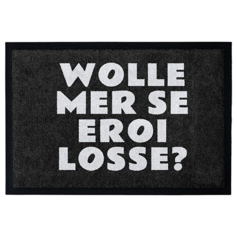 Waschbare Fastnachts-Fußmatte mit Meenzer "WOLLE MER SE EROI LOSSE?" in Weiß auf Dunkelgrau. Produktbild mit Rand.