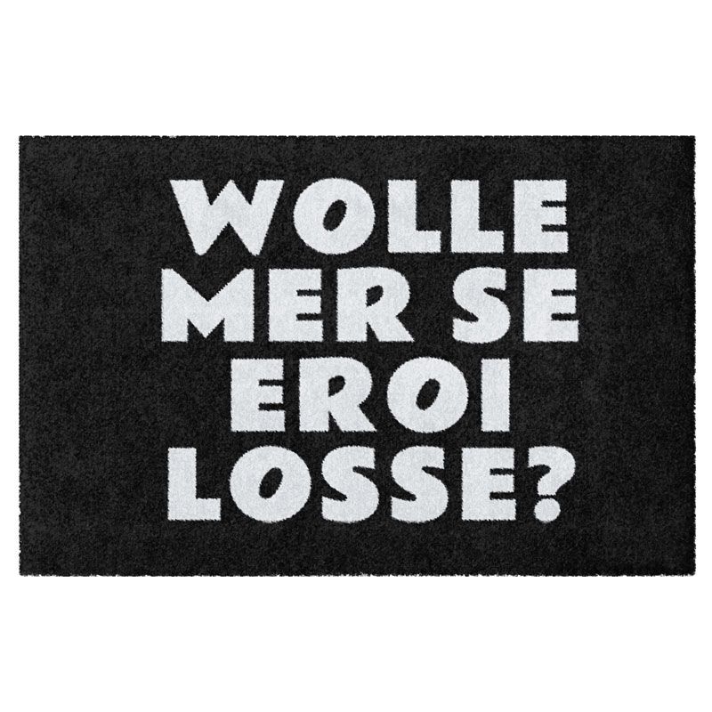 Waschbare Fastnachts-Fußmatte mit Meenzer "WOLLE MER SE EROI LOSSE?" in Weiß auf Dunkelgrau. Produktbild ohne Rand.