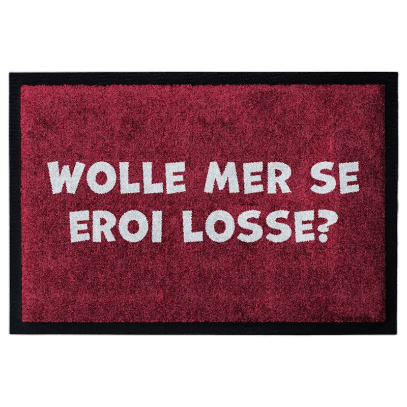 Waschbare Fastnachts-Fußmatte mit Meenzer "WOLLE MER SE EROI LOSSE?" in Weiß auf Rot. Produktbild mit Rand.