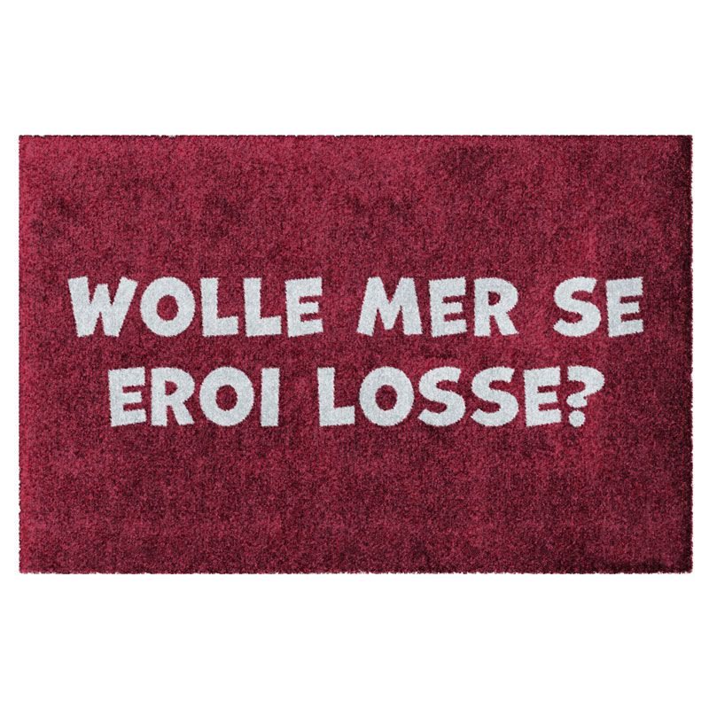 Waschbare Fastnachts-Fußmatte mit Meenzer "WOLLE MER SE EROI LOSSE?" in Weiß auf Rot. Produktbild ohne Rand.