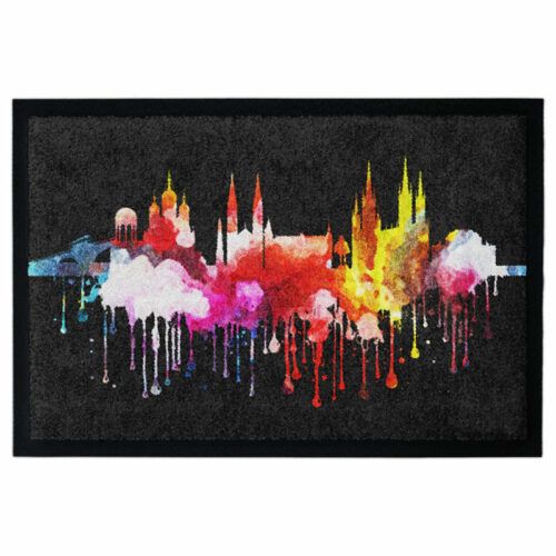 Design-Fußmatte mit der Skyline von Wiesbaden in buntem Graffiti-Stil. Made in Germany. Mit Rand.
