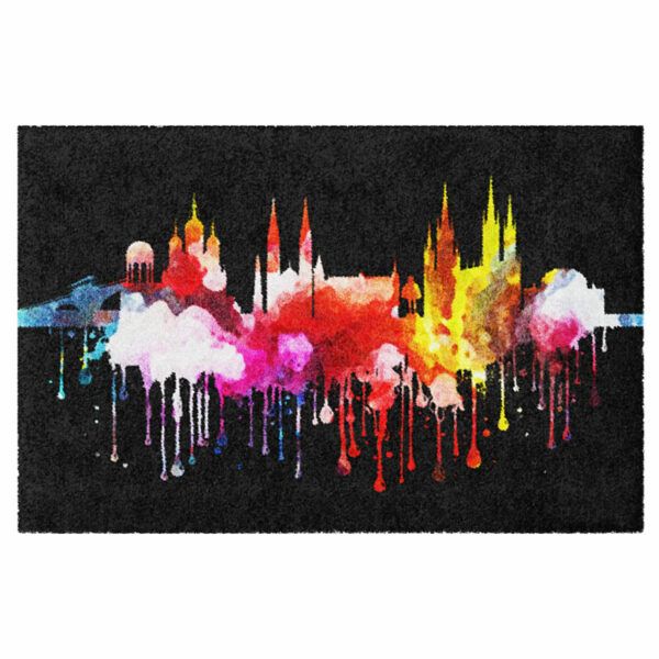 Design-Fußmatte mit der Skyline von Wiesbaden in buntem Graffiti-Stil. Made in Germany. Ohne Rand.