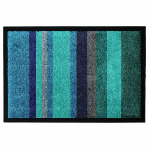 Waschbare Design-Fußmatte mit elegantem Muster mit Streifen. Mit Rand in Farbe Blau.