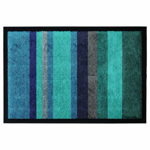 Waschbare Design-Fußmatte mit elegantem Muster mit Streifen. Mit Rand in Farbe Blau.