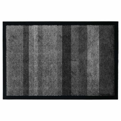 Waschbare Design-Fußmatte mit elegantem Muster mit grauen Streifen. Mit Rand in Farbe Grau.