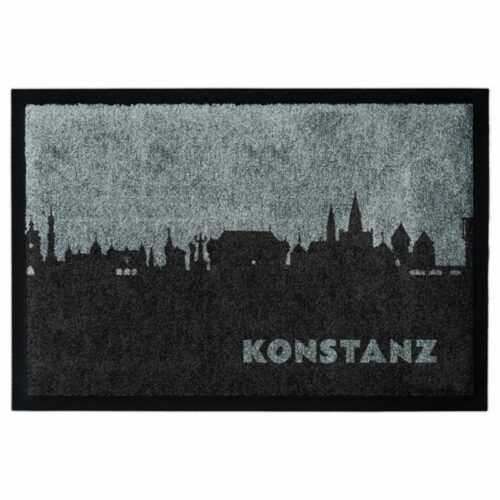 Produktbild einer Fußmatte mit der Skyline von Konstanz. Mit Rand. Farbe Grau.