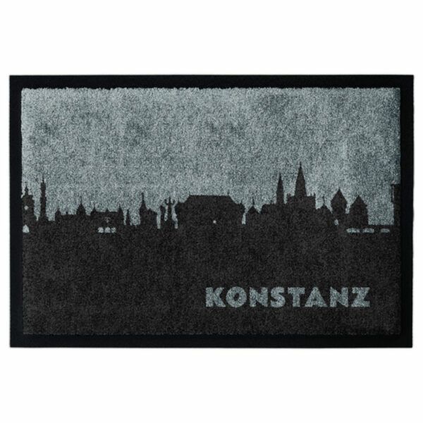 Produktbild einer Fußmatte mit der Skyline von Konstanz. Mit Rand. Farbe Grau.