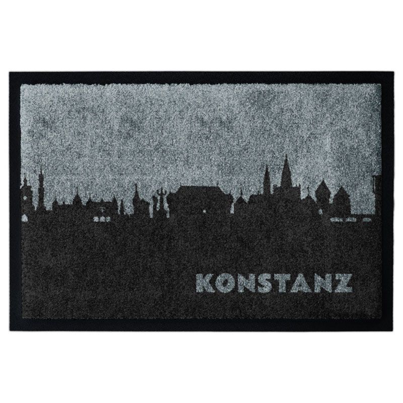 Produktbild einer Fußmatte mit der Skyline von Konstanz. Mit Rand. Farbe Grau.