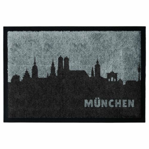 Produktbild einer Fußmatte mit Münchner Skyline. Mit Rand. Farbe Grau.
