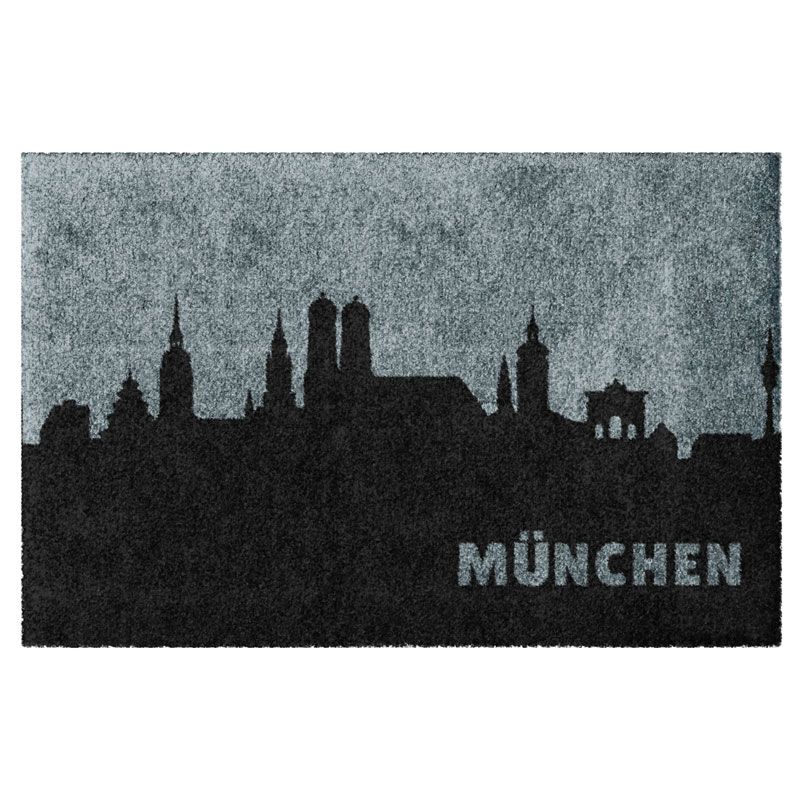 Produktbild einer Fußmatte mit Münchner Skyline. Ohne Rand. Farbe Grau.