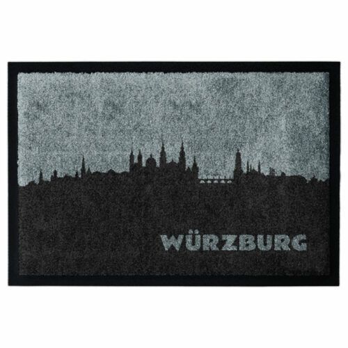 Produktbild einer Fußmatte mit der Skyline von Würzburg. Mit Rand. Farbe Grau.