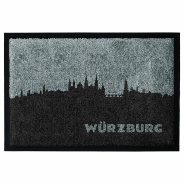 Produktbild einer Fußmatte mit der Skyline von Würzburg. Mit Rand. Farbe Grau.
