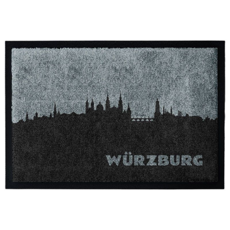 Produktbild einer Fußmatte mit der Skyline von Würzburg. Mit Rand. Farbe Grau.