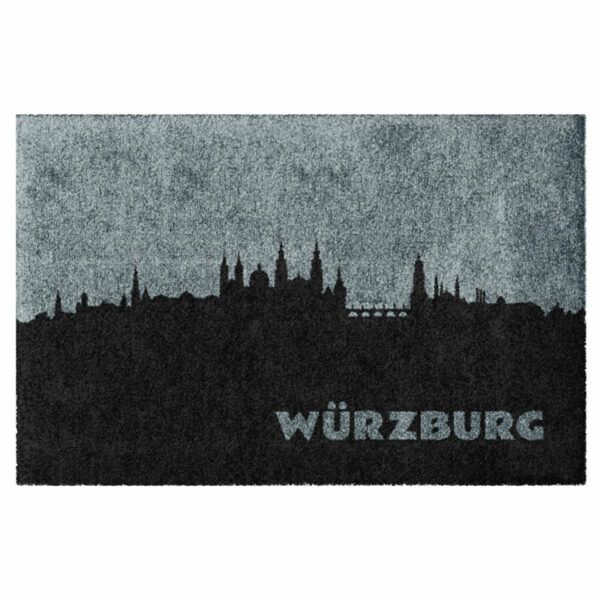 Produktbild einer Fußmatte mit der Skyline von Würzburg. Ohne Rand. Farbe Grau.
