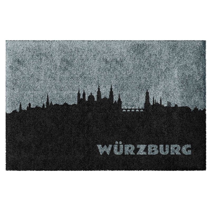 Produktbild einer Fußmatte mit der Skyline von Würzburg. Ohne Rand. Farbe Grau.