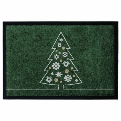 Waschbare Weihnachts-Fußmatte mit Tannenbaum auf Grünem Hintergrund.