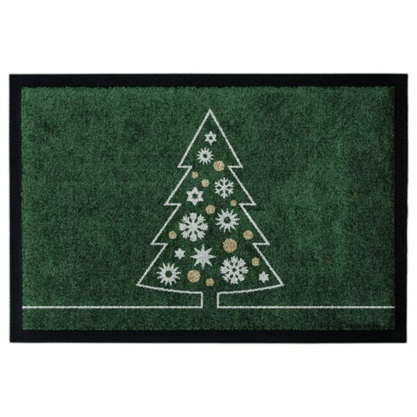 Waschbare Weihnachts-Fußmatte mit Tannenbaum auf Grünem Hintergrund.