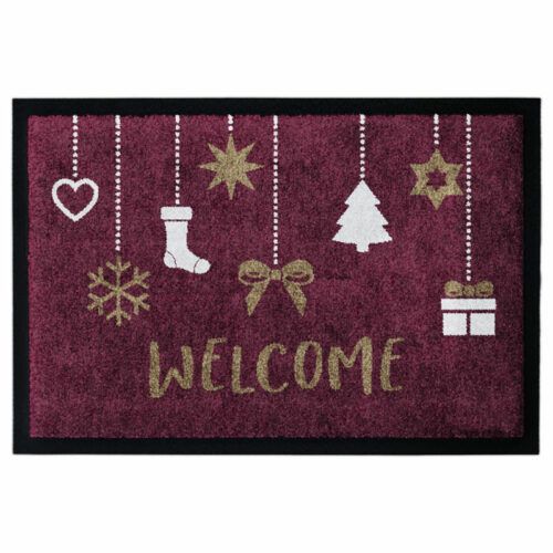 Waschbare-Fußmatte mit Geschenken und Text "Welcome" auf Rot