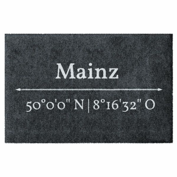 Waschbare Fußmatte von Glücksmatte.com mit den Koordinaten der Stadt Mainz. Ohne Rand. Umweltfreundlich in Deutschland hergestellt.