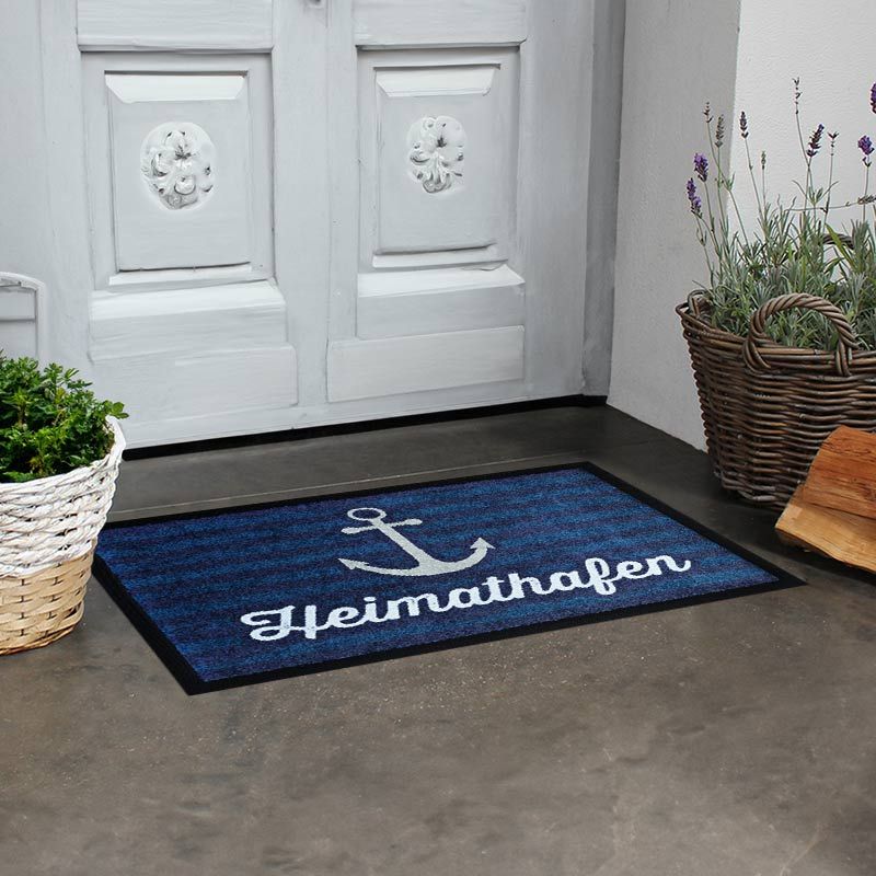 Waschbare Design-Fußmatte Heimathafen mit blauen Streifen, umweltfreundlich hergestellt, 100% Made in Germany