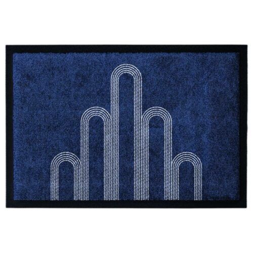 Waschbare Fußmatte von Glücksmatte.com mit dem Design des Darmstädter Hochzeitsturms. Farbe Blau mit Hellgrau. Mit 2cm Gummirand. Umweltfreundlich in Deutschland hergestellt.