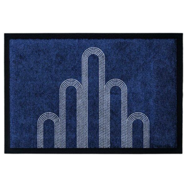 Waschbare Fußmatte von Glücksmatte.com mit dem Design des Darmstädter Hochzeitsturms. Farbe Blau mit Hellgrau. Mit 2cm Gummirand. Umweltfreundlich in Deutschland hergestellt.