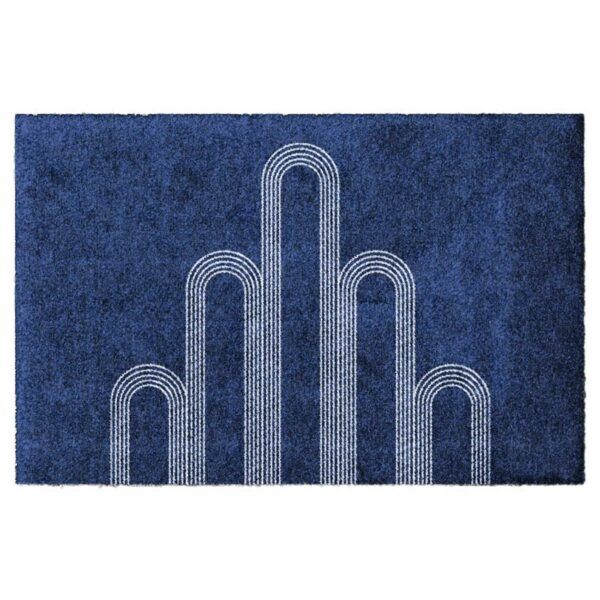 Waschbare Fußmatte von Glücksmatte.com mit dem Design des Darmstädter Hochzeitsturms. Farbe Blau mit Hellgrau. Ohne Gummirand. Umweltfreundlich in Deutschland hergestellt.