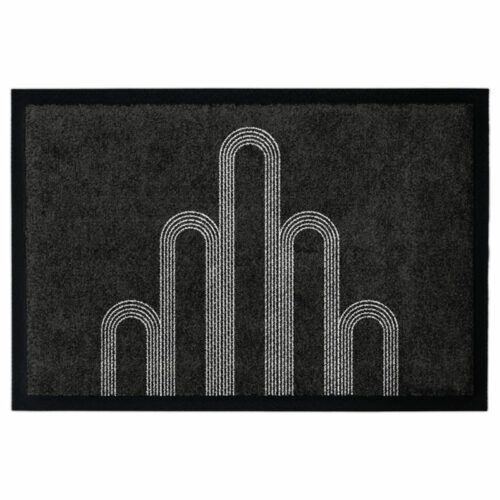 Waschbare Fußmatte von Glücksmatte.com mit dem Design des Darmstädter Hochzeitsturms. Farbe Anthrazit mit Hellgrau. Mit 2cm Gummirand. Umweltfreundlich in Deutschland hergestellt.