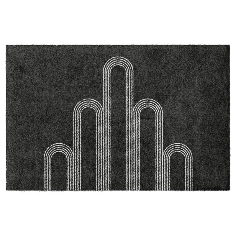 Waschbare Fußmatte von Glücksmatte.com mit dem Design des Darmstädter Hochzeitsturms. Farbe Anthrazit mit Hellgrau. Ohne Gummirand. Umweltfreundlich in Deutschland hergestellt.