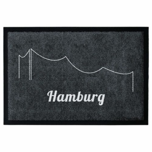 Waschbare Fußmatte Elbphilharmonie Grau von Glücksmatte.com. Farbe Anthrazit mit Hellgrau. Mit 2cm Gummirand. Umweltfreundlich in Deutschland hergestellt.