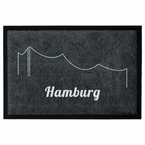 Waschbare Fußmatte Elbphilharmonie Grau von Glücksmatte.com. Farbe Anthrazit mit Hellgrau. Mit 2cm Gummirand. Umweltfreundlich in Deutschland hergestellt.