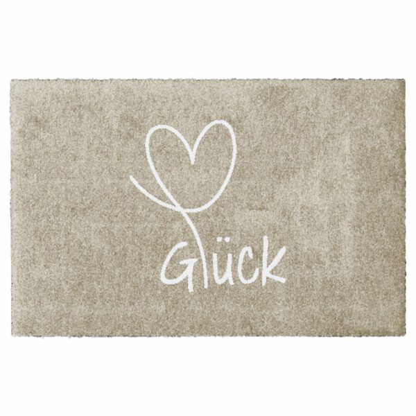 Waschbare Fußmatte von Glücksmatte.com mit einem Herz und der Aufschrift "Glück". Farbe Beige. Ohne Gummirand. Umweltfreundlich in Deutschland hergestellt.