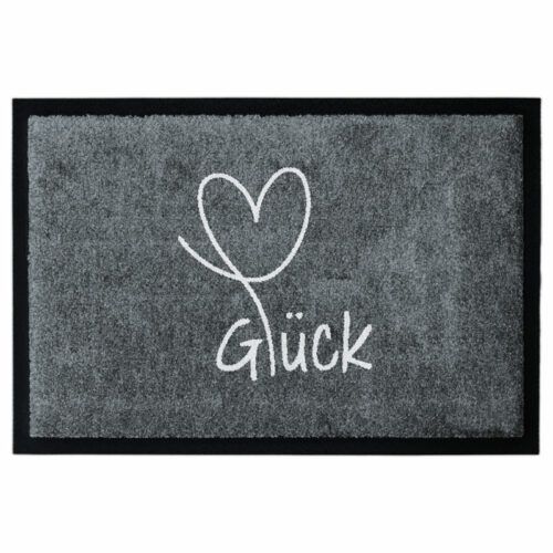 Waschbare Fußmatte von Glücksmatte.com mit einem Herz und der Aufschrift "Glück". Farbe Grau. Mit 2cm Gummirand. Umweltfreundlich in Deutschland hergestellt.