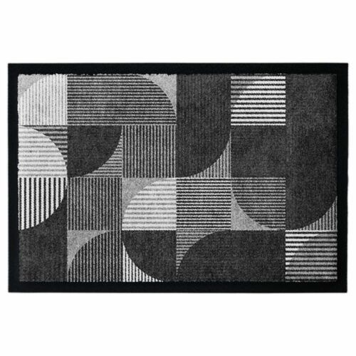 Waschbare Fußmatte von Glücksmatte.com mit einem geometrischen Muster in Schwarz-Weiß. Mit 2cm Gummirand. Umweltfreundlich in Deutschland hergestellt.