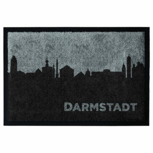 Fußmatte von Glücksmatte.com mit der Darmstädter Skyline. Farbe Anthrazit mit Hellgrau. Farbe Anthrazit mit Hellgrau. Mit 2cm Gummirand. Umweltfreundlich in Deutschland hergestellt.