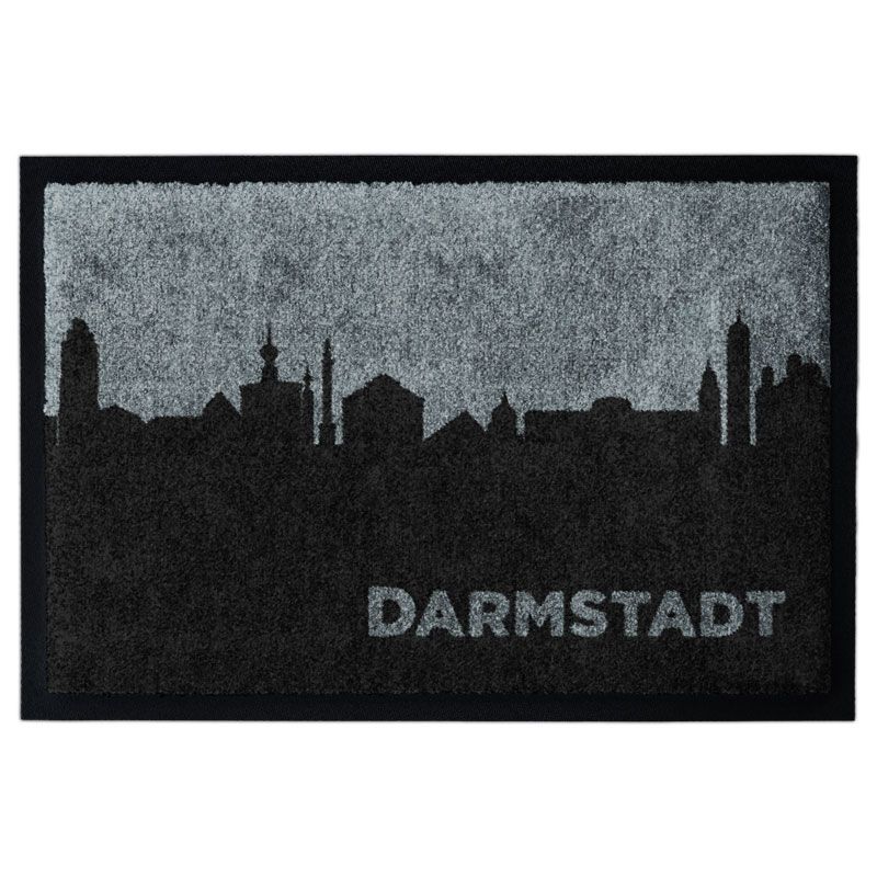 Fußmatte von Glücksmatte.com mit der Darmstädter Skyline. Farbe Anthrazit mit Hellgrau. Farbe Anthrazit mit Hellgrau. Mit 2cm Gummirand. Umweltfreundlich in Deutschland hergestellt.