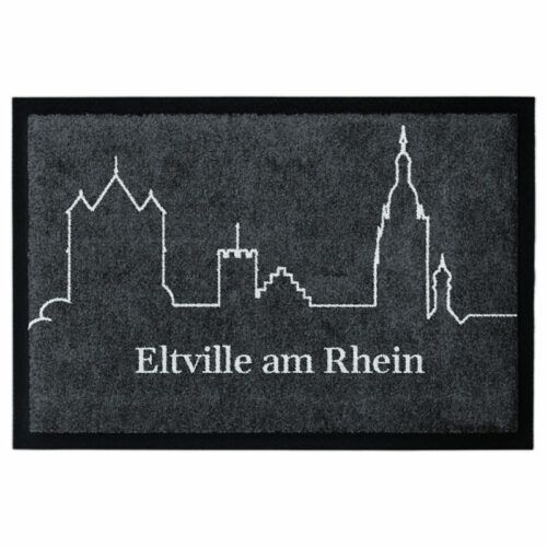Waschbare Fußmatte von Glücksmatte.com mit der Skyline von Eltville am Rhein als Linie. Farbe Anthrazit und Hellgrau. Mit 2cm Gummirand. Umweltfreundlich in Deutschland hergestellt.