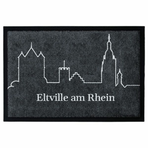 Waschbare Fußmatte von Glücksmatte.com mit der Skyline von Eltville am Rhein als Linie. Farbe Anthrazit und Hellgrau. Mit 2cm Gummirand. Umweltfreundlich in Deutschland hergestellt.