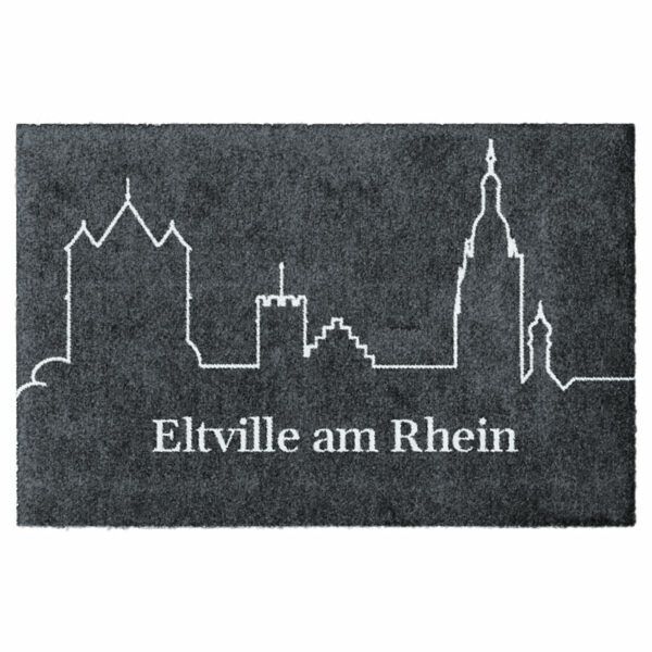 Waschbare Fußmatte von Glücksmatte.com mit der Skyline von Eltville am Rhein als Linie. Farbe Anthrazit und Hellgrau. Ohne Gummirand. Umweltfreundlich in Deutschland hergestellt.
