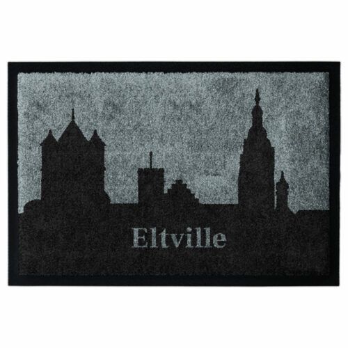 Waschbare Fußmatte von Glücksmatte.com mit der Skyline von Eltville am Rhein als Silhouette. Mit 2cm Gummirand. Umweltfreundlich in Deutschland hergestellt.